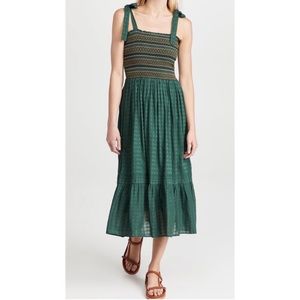 The Great Lagoon cotton smocked bodice midi dress green Palm Leaf sleeveless